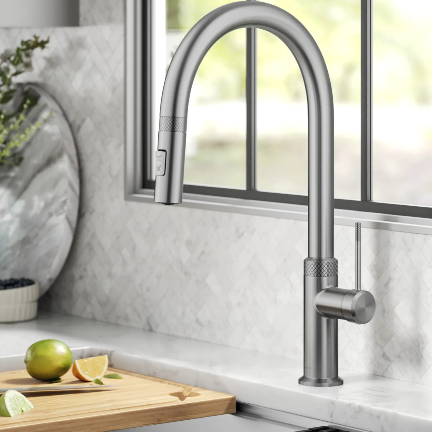 KRAUS Allyn Stainless Single Handle Kitchen Faucet with Diamond Cut