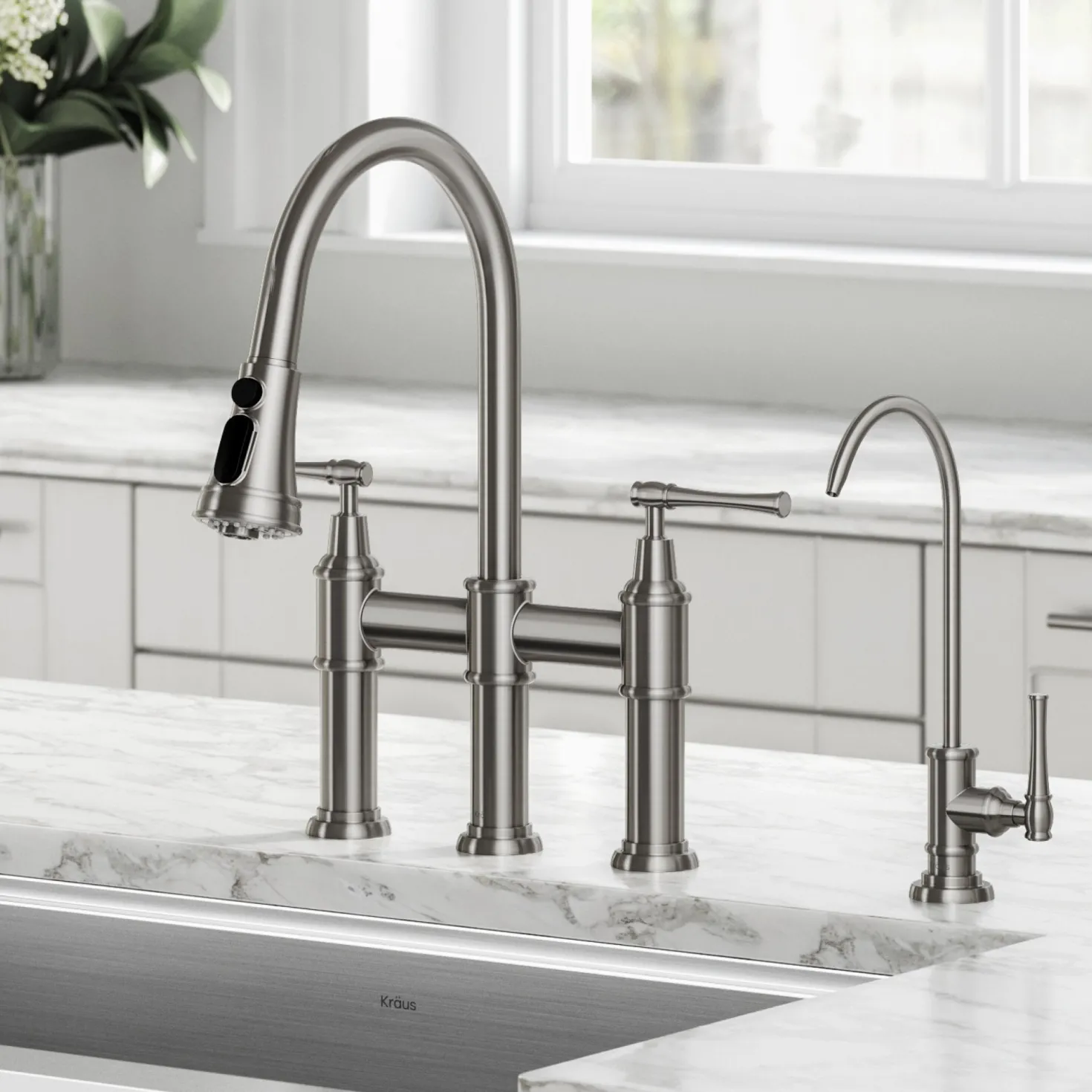KRAUS Allyn Transitional Bridge Kitchen Faucet & Water Filter Faucet in Spot Free Stainless Steel