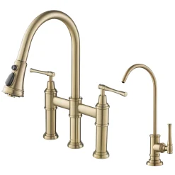 KRAUS Allyn Transitional Bridge Kitchen Faucet & Water Filter Faucet in Brushed Gold