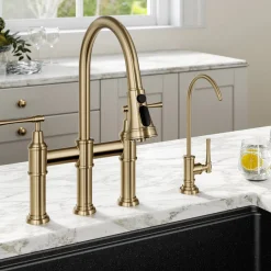 KRAUS Allyn Transitional Bridge Kitchen Faucet & Water Filter Faucet in Brushed Gold