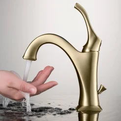 KRAUS Arlo Brushed Gold Basin Bathroom Faucet with Lift Rod Drain and Deck Plate