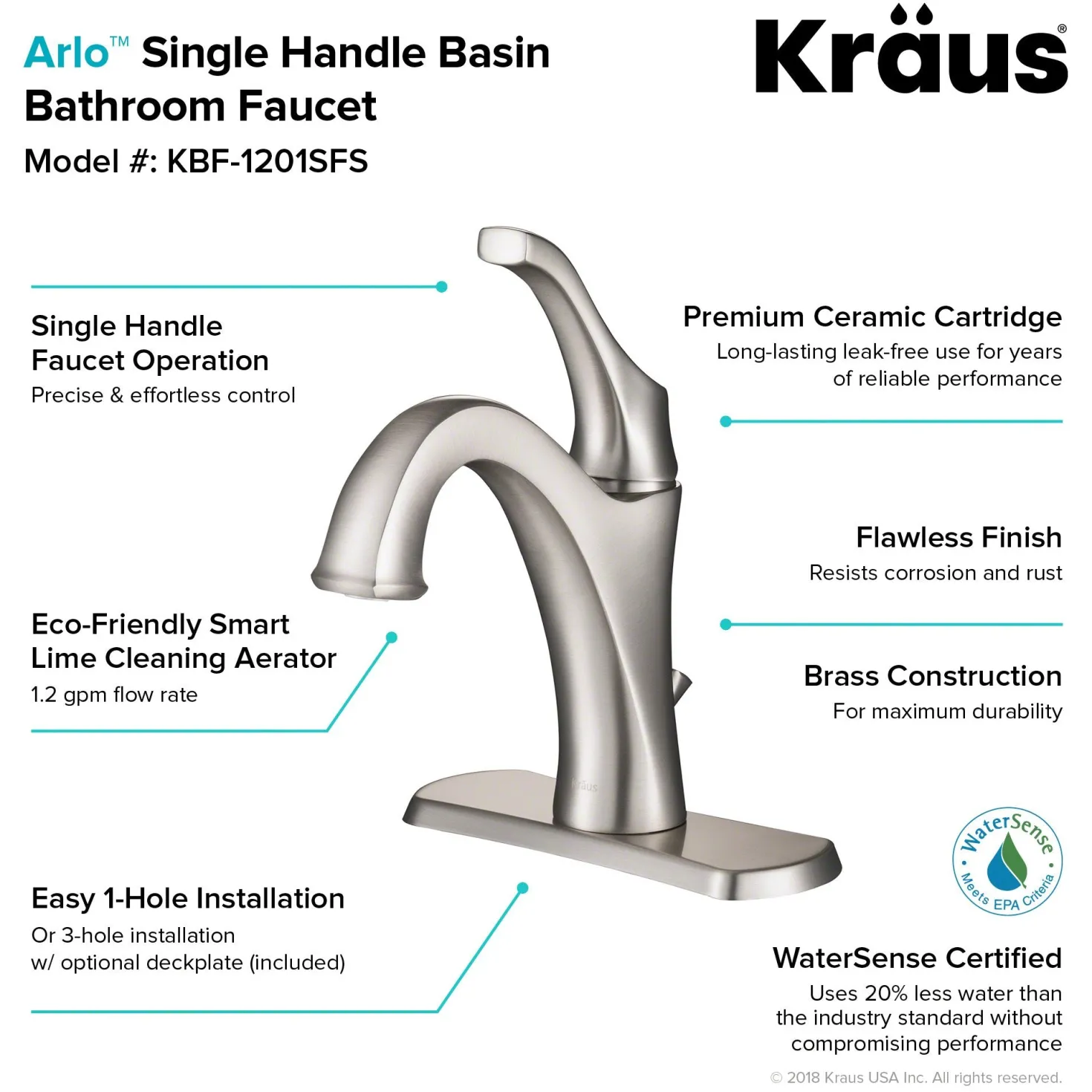 KRAUS Arlo Single Handle Basin Bathroom Faucet in Spot-Free all-Brite Brushed Nickel