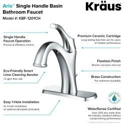 KRAUS Arlo Single Handle Bathroom Faucet with Lift Rod Drain and Deck Plate in Chrome