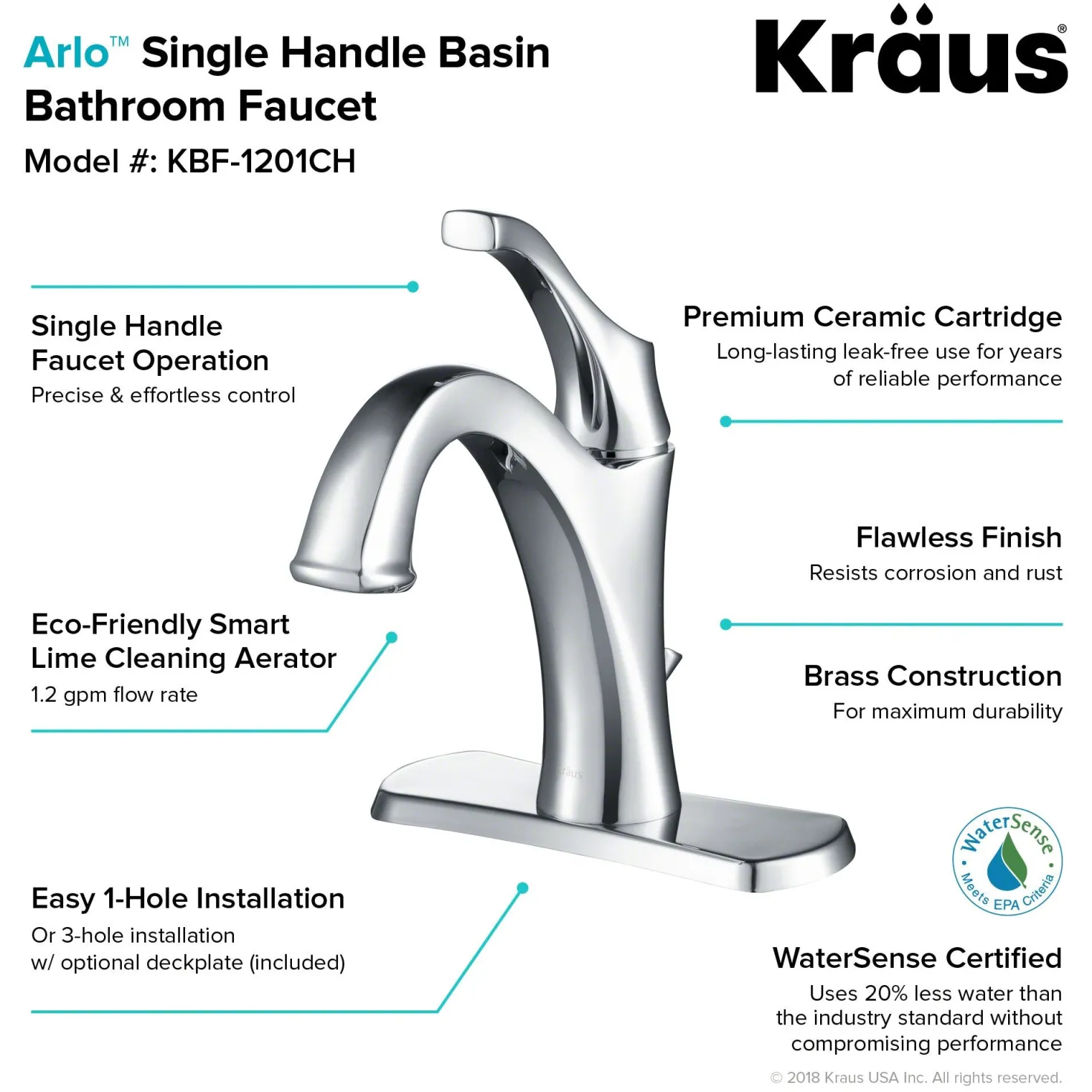 KRAUS Arlo Single Handle Bathroom Faucet with Lift Rod Drain and Deck Plate in Chrome