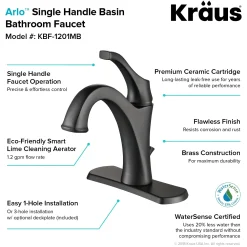 KRAUS Arlo Single Handle Bathroom Faucet with Lift Rod Drain and Deck Plate in Matte Black