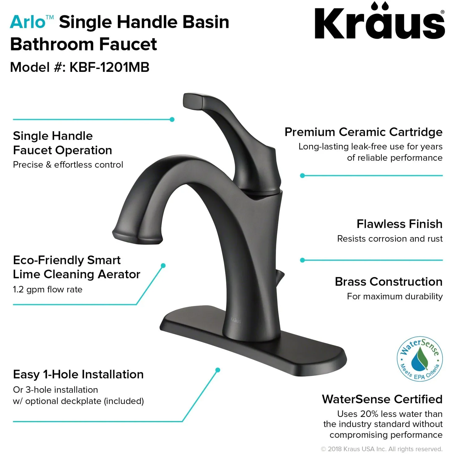 KRAUS Arlo Single Handle Bathroom Faucet with Lift Rod Drain and Deck Plate in Matte Black