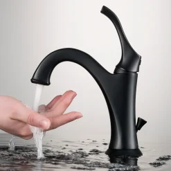 KRAUS Arlo Single Handle Bathroom Faucet with Lift Rod Drain and Deck Plate in Matte Black