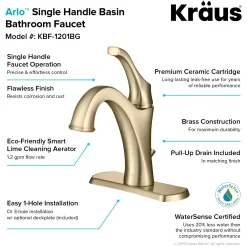 KRAUS Arlo Single Handle Bathroom Faucet with Lift Rod Drain and Deck Plate in Brushed Gold