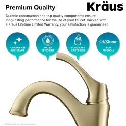 KRAUS Arlo Single Handle Bathroom Faucet with Lift Rod Drain and Deck Plate in Brushed Gold
