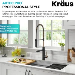 KRAUS Artec Pro Commercial Style  Single Handle Kitchen Faucet with Pot Filler in Spot Free Antique Champagne Bronze / Matte Black