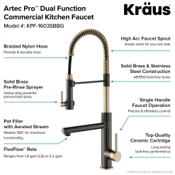 KRAUS Artec Pro 2-Function Commercial Style Pre-Rinse Kitchen Faucet in Black Stainless/Brushed Gold