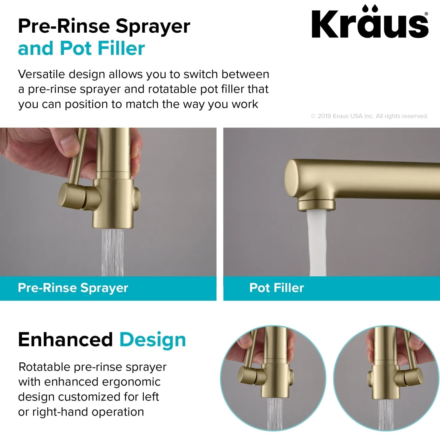 KRAUS Artec Pro 2-Function Commercial Style Pre-Rinse Kitchen Faucet in Black Stainless/Brushed Gold