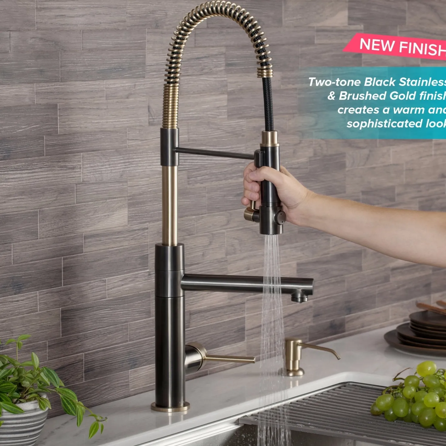 KRAUS Artec Pro 2-Function Commercial Style Pre-Rinse Kitchen Faucet in Black Stainless/Brushed Gold