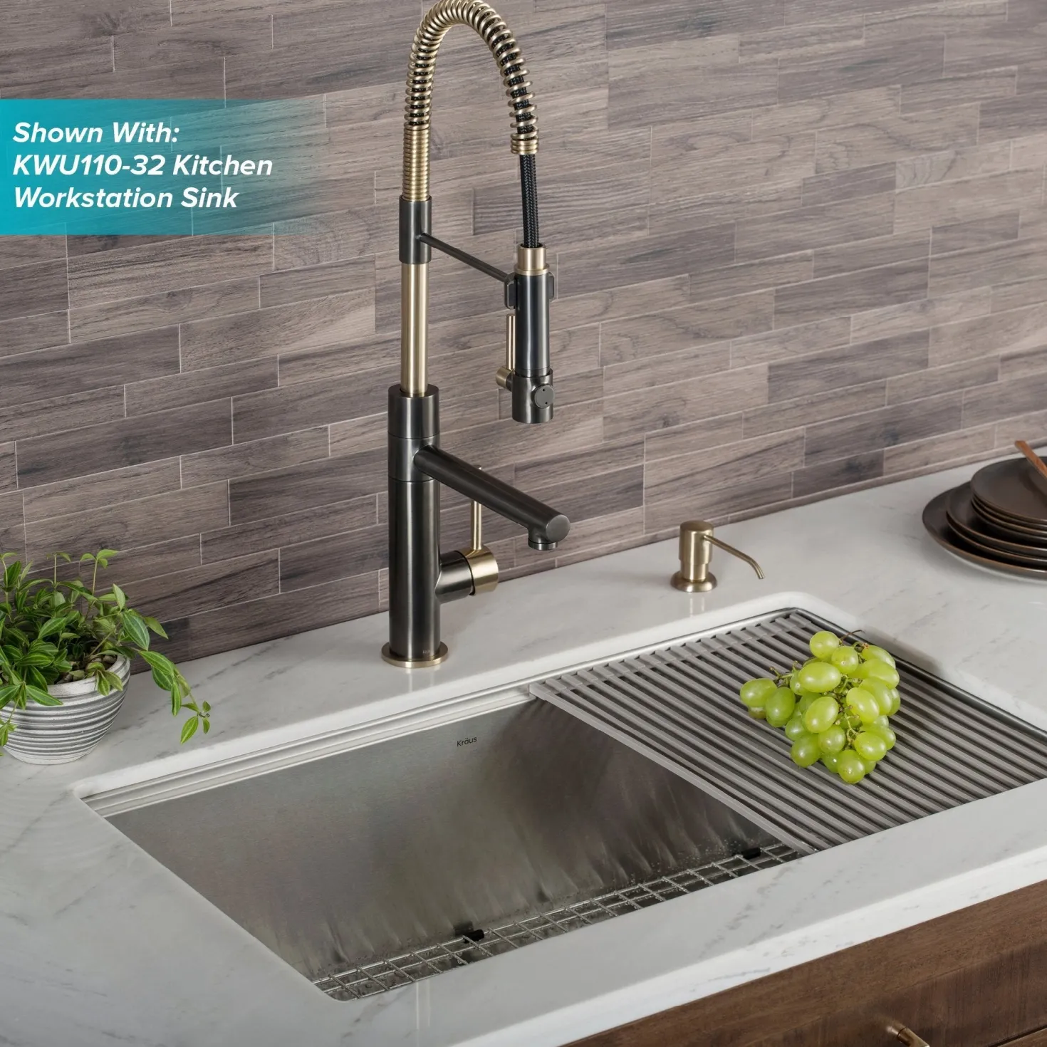 KRAUS Artec Pro 2-Function Commercial Style Pre-Rinse Kitchen Faucet in Black Stainless/Brushed Gold