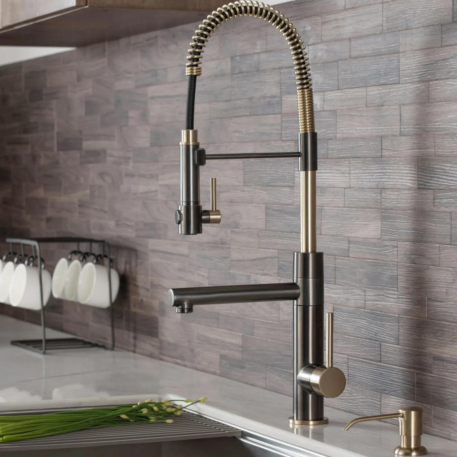 KRAUS Artec Pro 2-Function Commercial Style Pre-Rinse Kitchen Faucet in Black Stainless/Brushed Gold