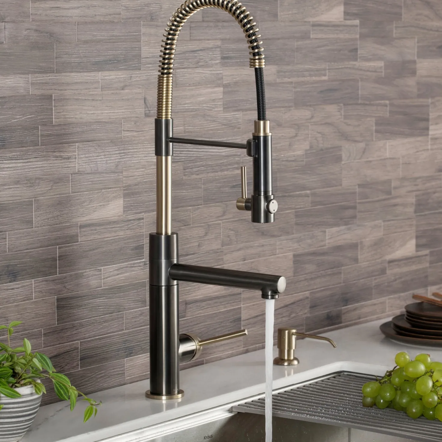 KRAUS Artec Pro 2-Function Commercial Style Pre-Rinse Kitchen Faucet in Black Stainless/Brushed Gold