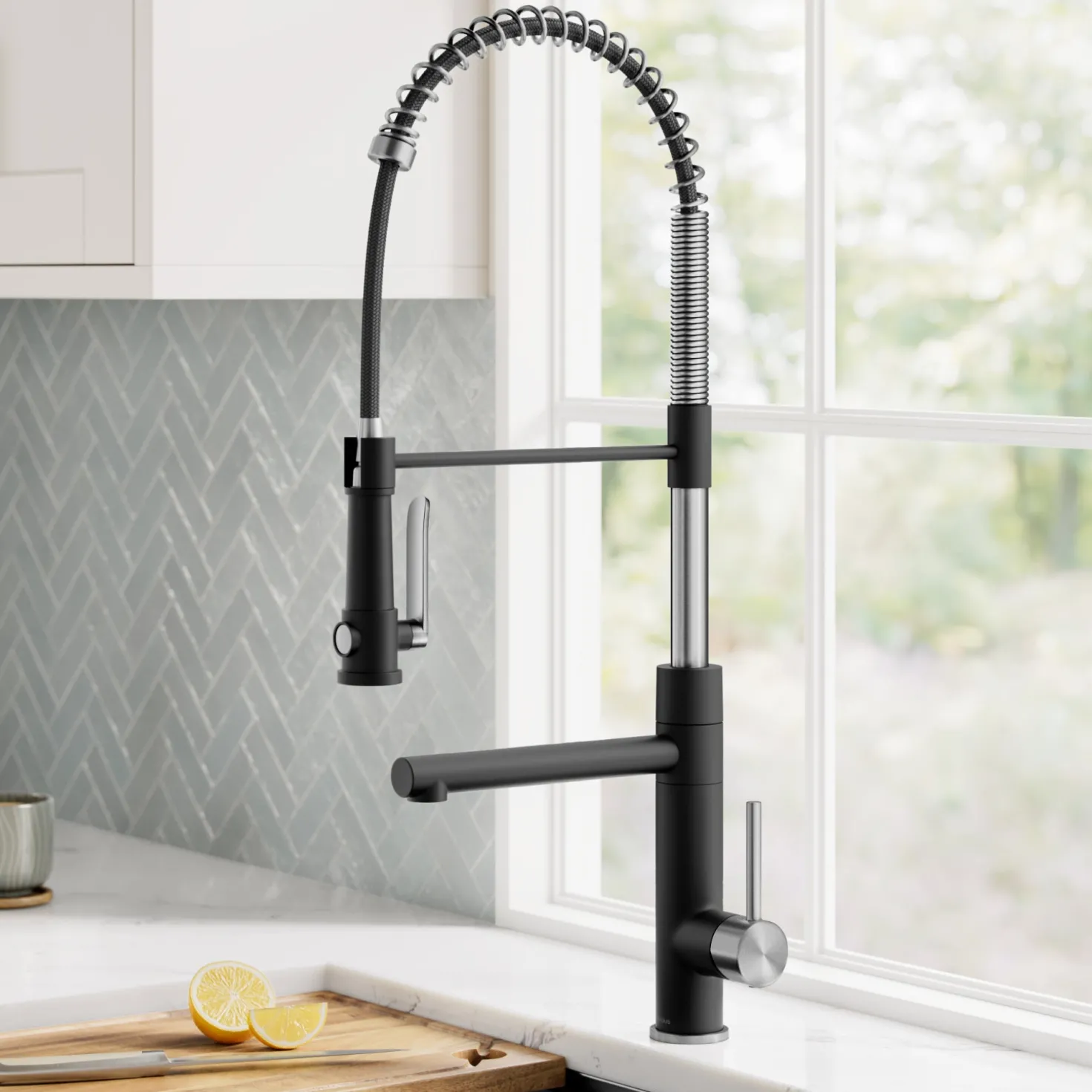 KRAUS Artec Pro 2-Function Single Handle Pull Down Kitchen Faucet in Spot-Free Stainless Steel & Matte Black