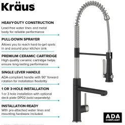 KRAUS Artec Pro 2-Function Single Handle Pull Down Kitchen Faucet in Spot-Free Stainless Steel & Matte Black