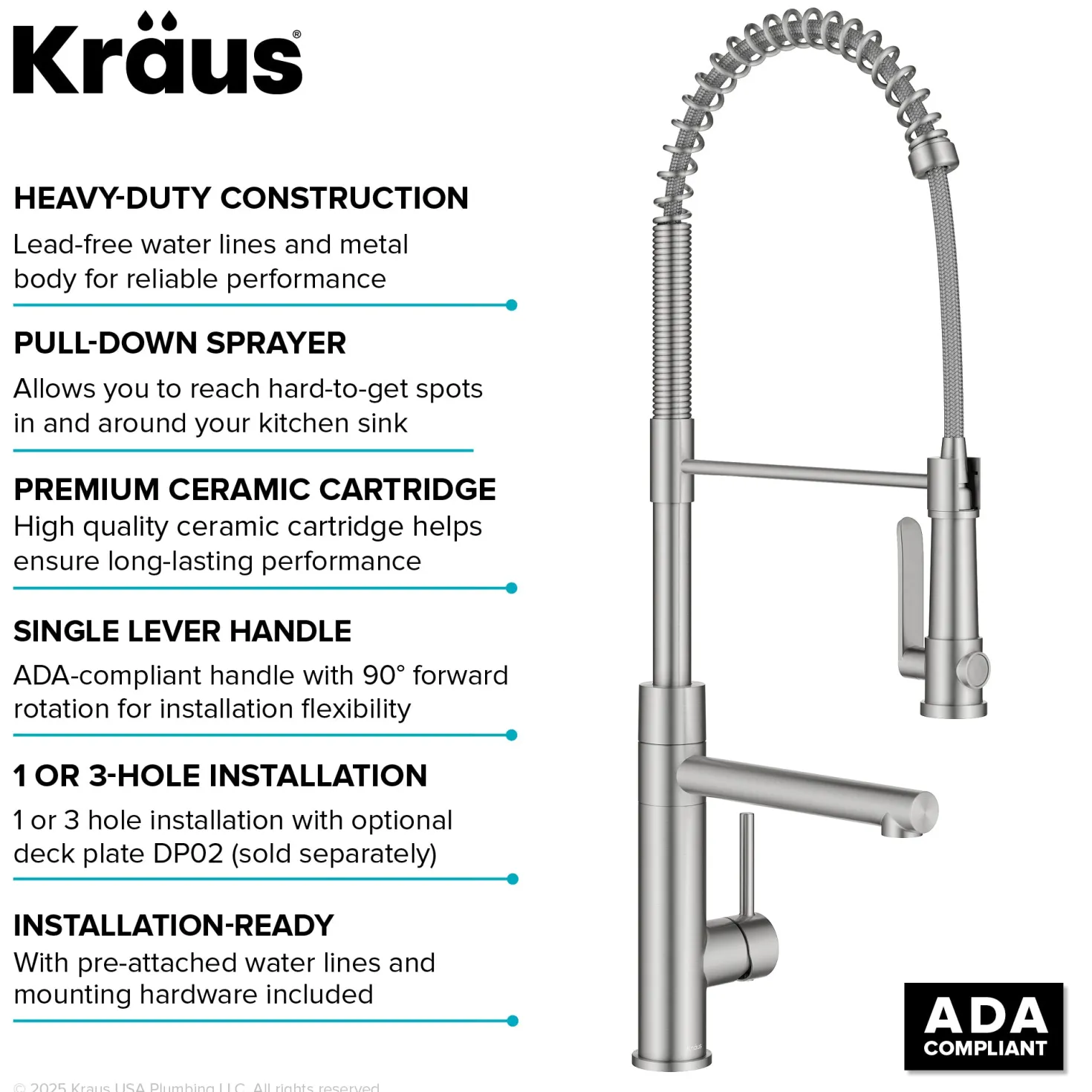 KRAUS Artec Pro 2-Function Single Handle Pull Down Kitchen Faucet in Spot-Free Stainless Steel