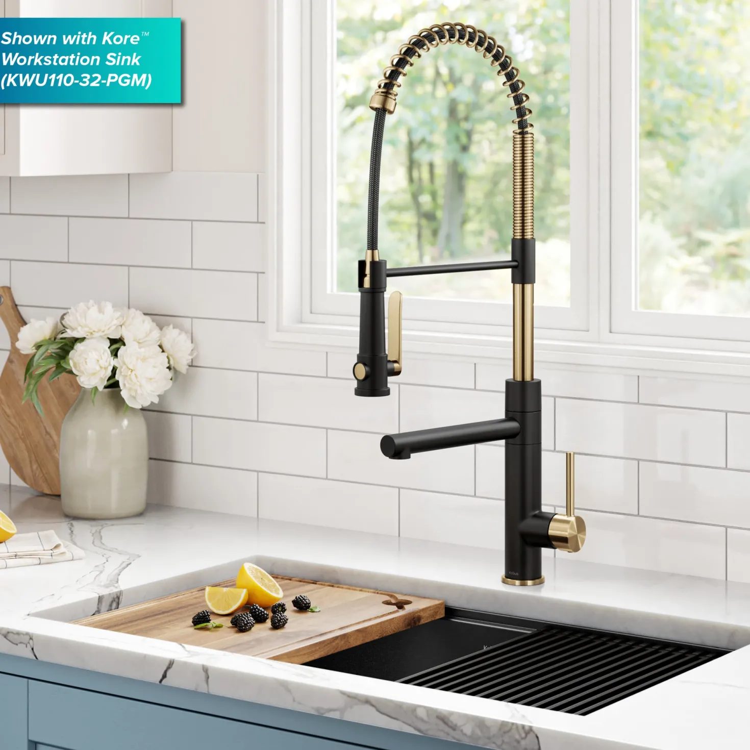 KRAUS Artec Pro 2-Function Single Handle Pull Down Kitchen Faucet in Brushed Brass & Matte Black