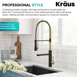 KRAUS Artec Pro 2-Function Single Handle Pull Down Kitchen Faucet in Brushed Brass & Matte Black