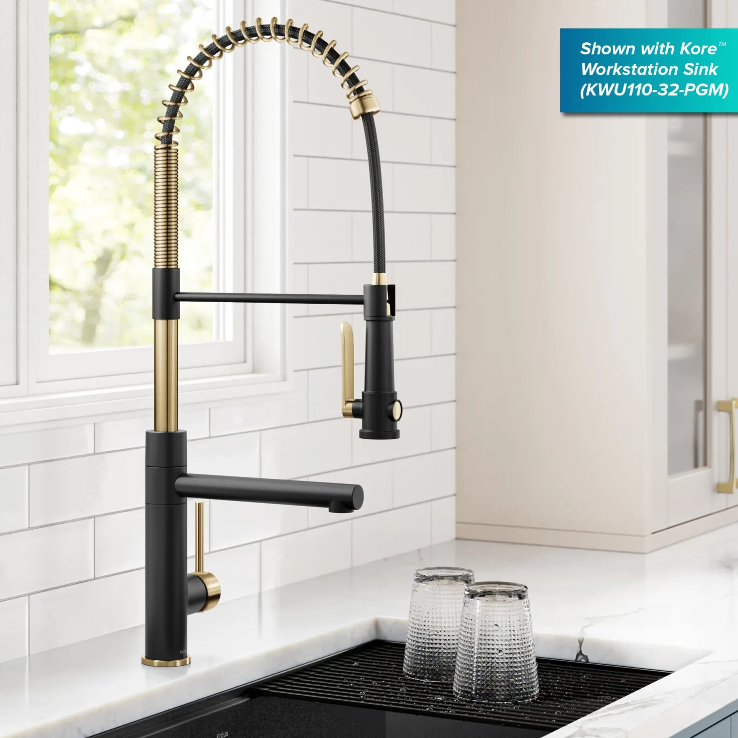 KRAUS Artec Pro 2-Function Single Handle Pull Down Kitchen Faucet in Brushed Brass & Matte Black