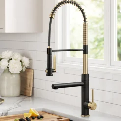 KRAUS Artec Pro 2-Function Single Handle Pull Down Kitchen Faucet in Brushed Brass & Matte Black
