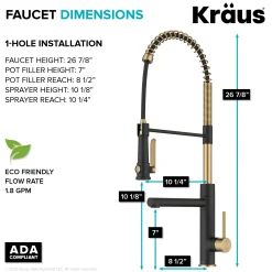 KRAUS Artec Pro 2-Function Single Handle Pull Down Kitchen Faucet in Brushed Brass & Matte Black