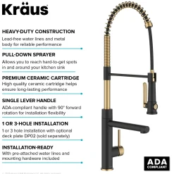 KRAUS Artec Pro 2-Function Single Handle Pull Down Kitchen Faucet in Brushed Brass & Matte Black