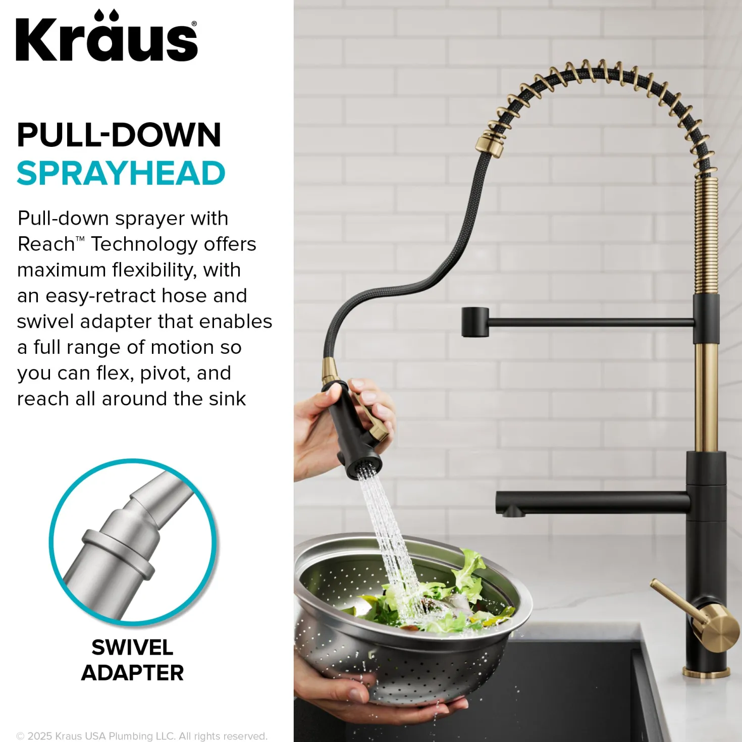 KRAUS Artec Pro 2-Function Single Handle Pull Down Kitchen Faucet in Brushed Brass & Matte Black