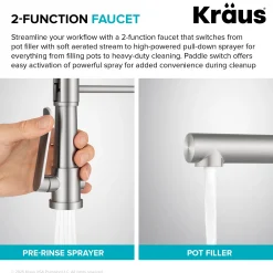 KRAUS Artec Pro 2-Function Single Handle Pull Down Kitchen Faucet in Brushed Brass & Matte Black