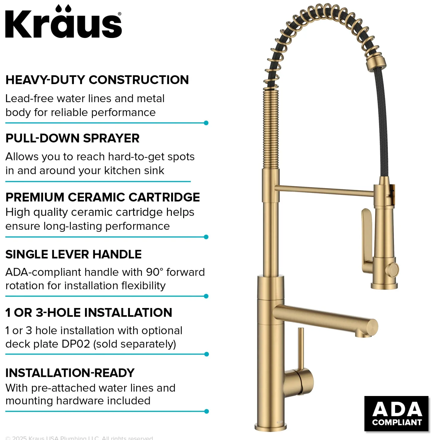 KRAUS Artec Pro 2-Function Single Handle Pull Down Kitchen Faucet in Brushed Brass