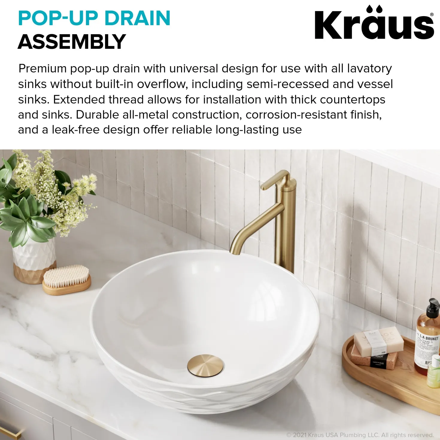 KRAUS Bathroom Sink Pop-Up Drain with Extended Thread