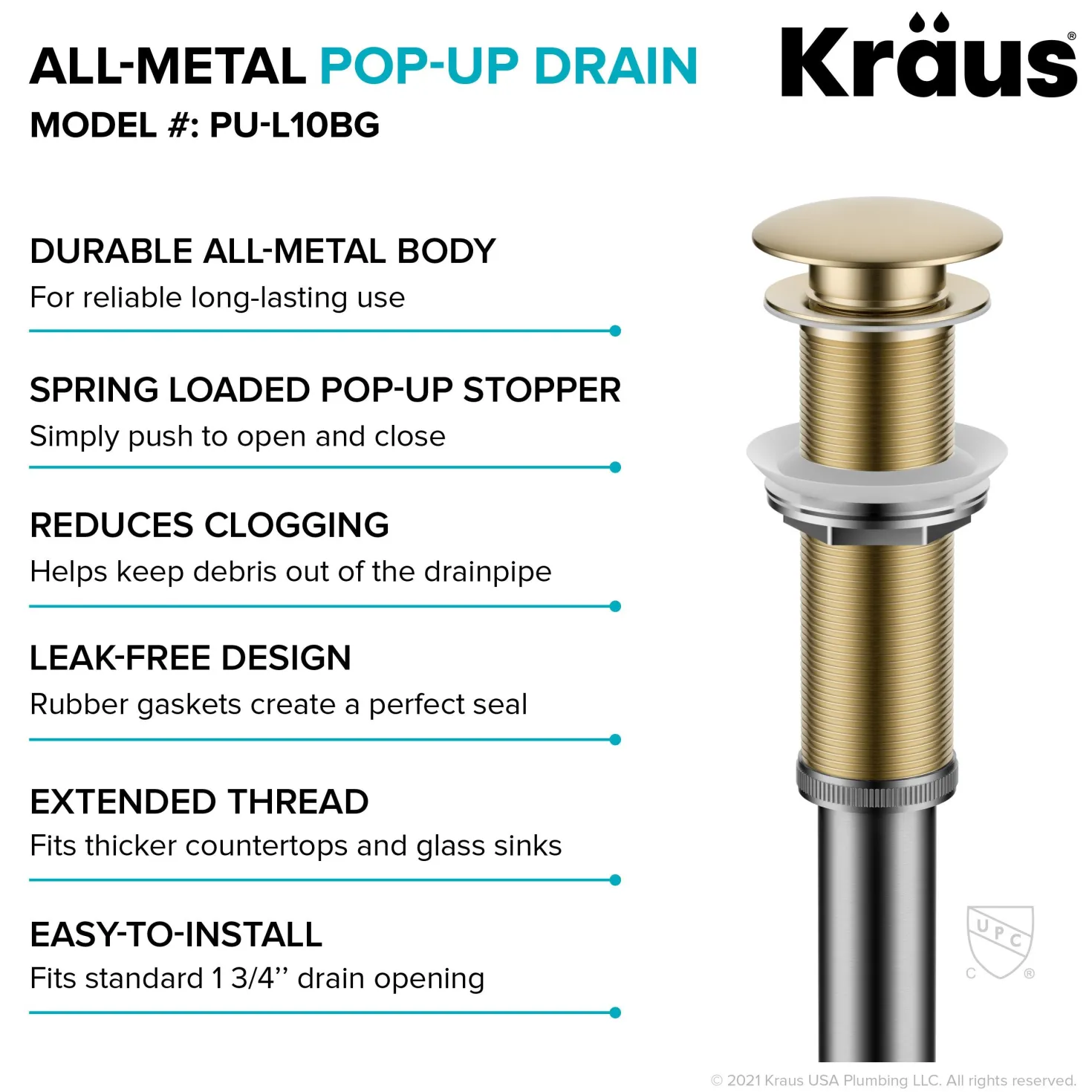 KRAUS Bathroom Sink Pop-Up Drain with Extended Thread