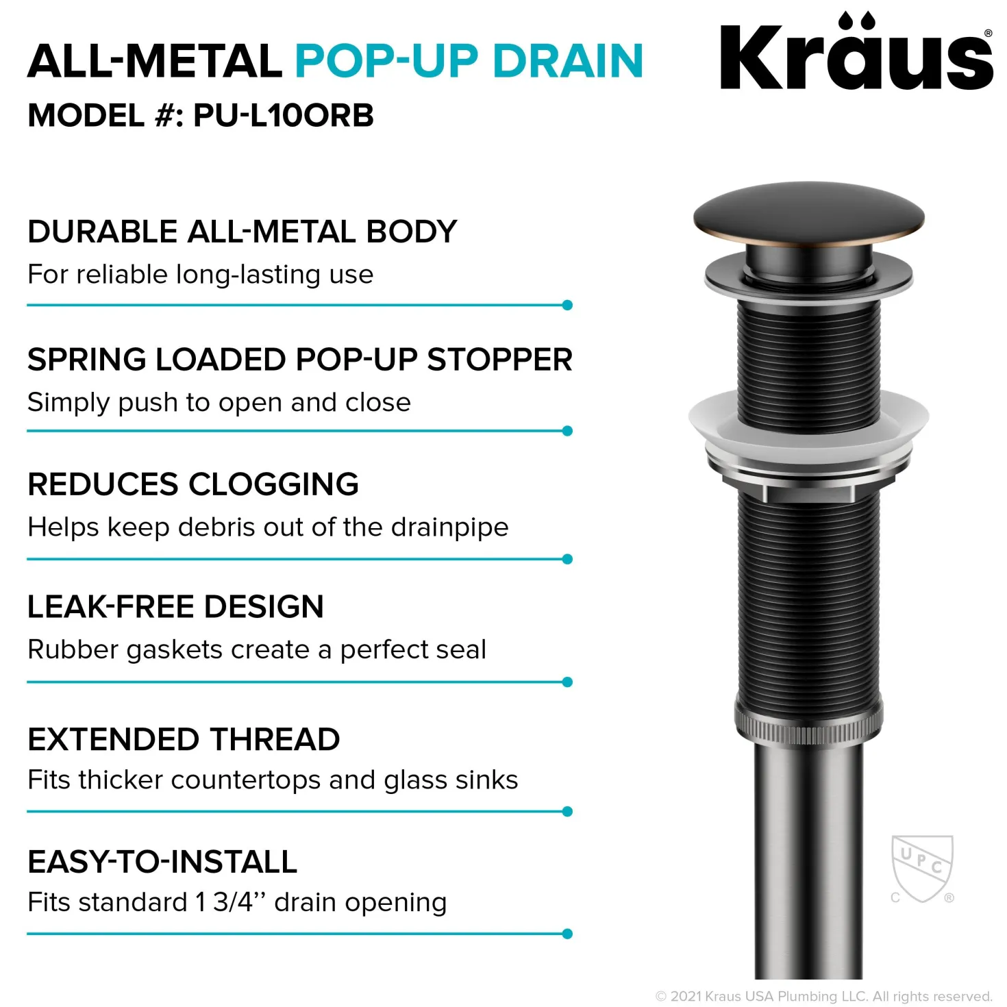 KRAUS Bathroom Sink Pop-Up Drain with Extended Thread