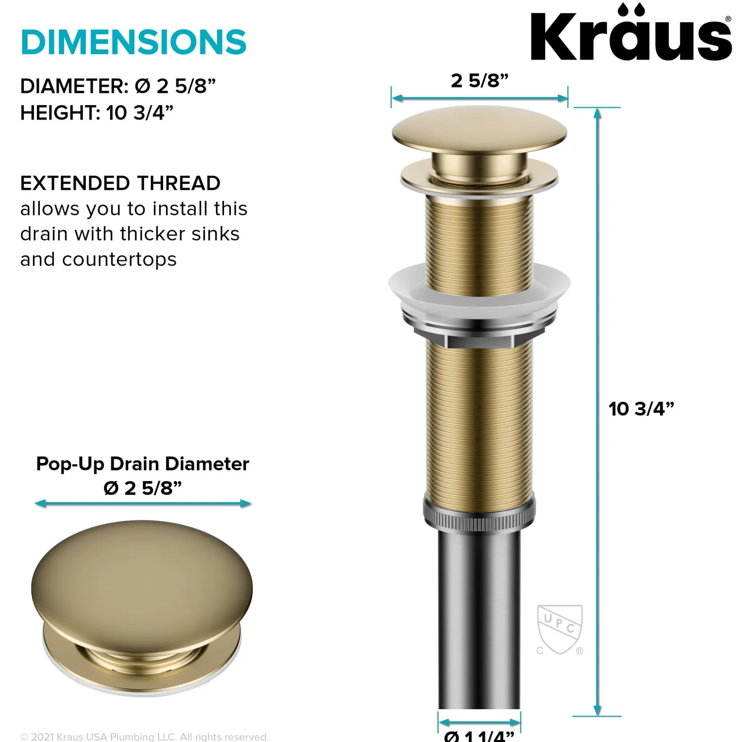KRAUS Bathroom Sink Pop-Up Drain with Extended Thread