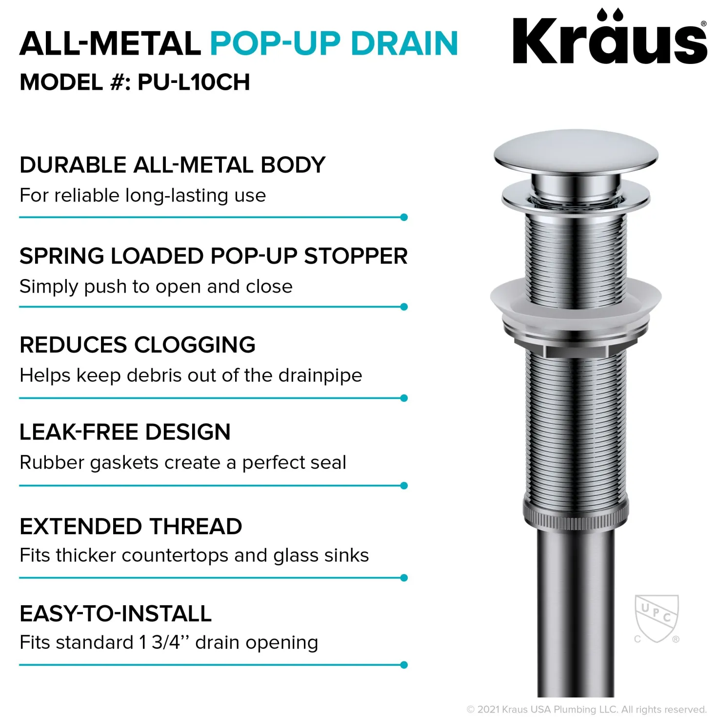 KRAUS Bathroom Sink Pop-Up Drain with Extended Thread