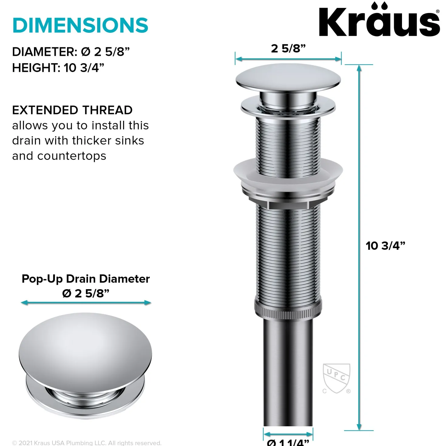 KRAUS Bathroom Sink Pop-Up Drain with Extended Thread