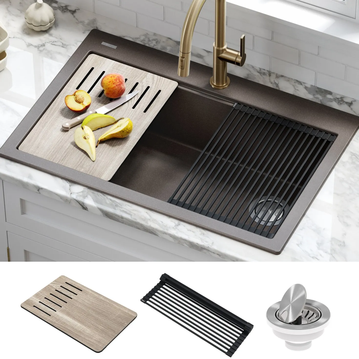 KRAUS Bellucci Workstation 33" Drop-In Granite Composite Kitchen Sink with Accessories