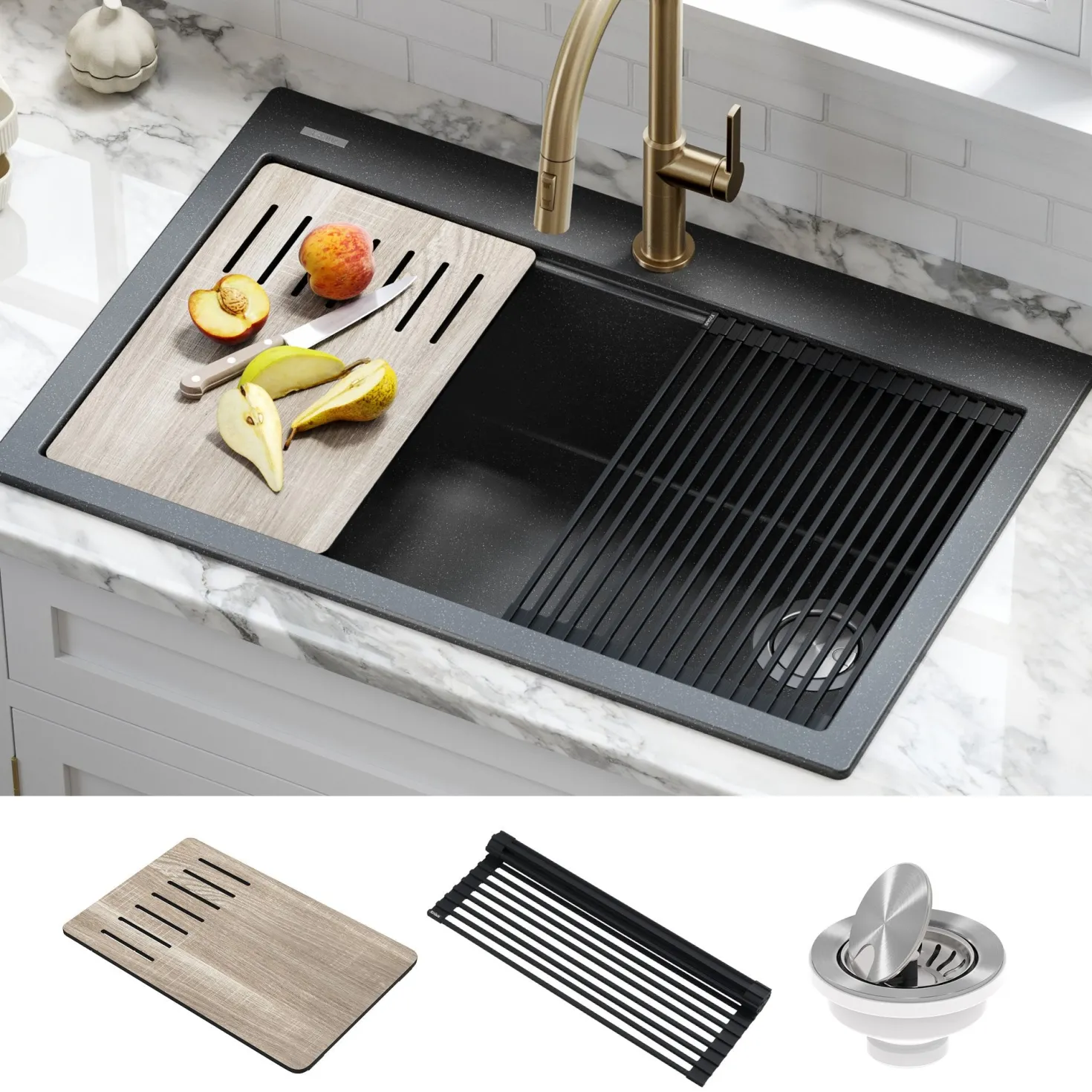 KRAUS Bellucci Workstation 33" Drop-In Granite Composite Kitchen Sink with Accessories