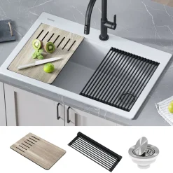KRAUS Bellucci Workstation 33" Drop-In Granite Composite Kitchen Sink in White with Accessories
