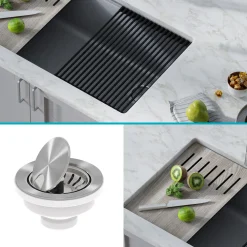 KRAUS Bellucci Workstation 33" Undermount Granite Composite Kitchen Sink in Metallic Gray with Accessories