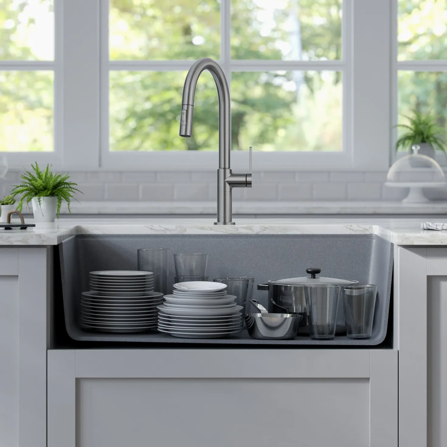 KRAUS Bellucci Workstation 33" Undermount Granite Composite Kitchen Sink in Metallic Gray with Accessories