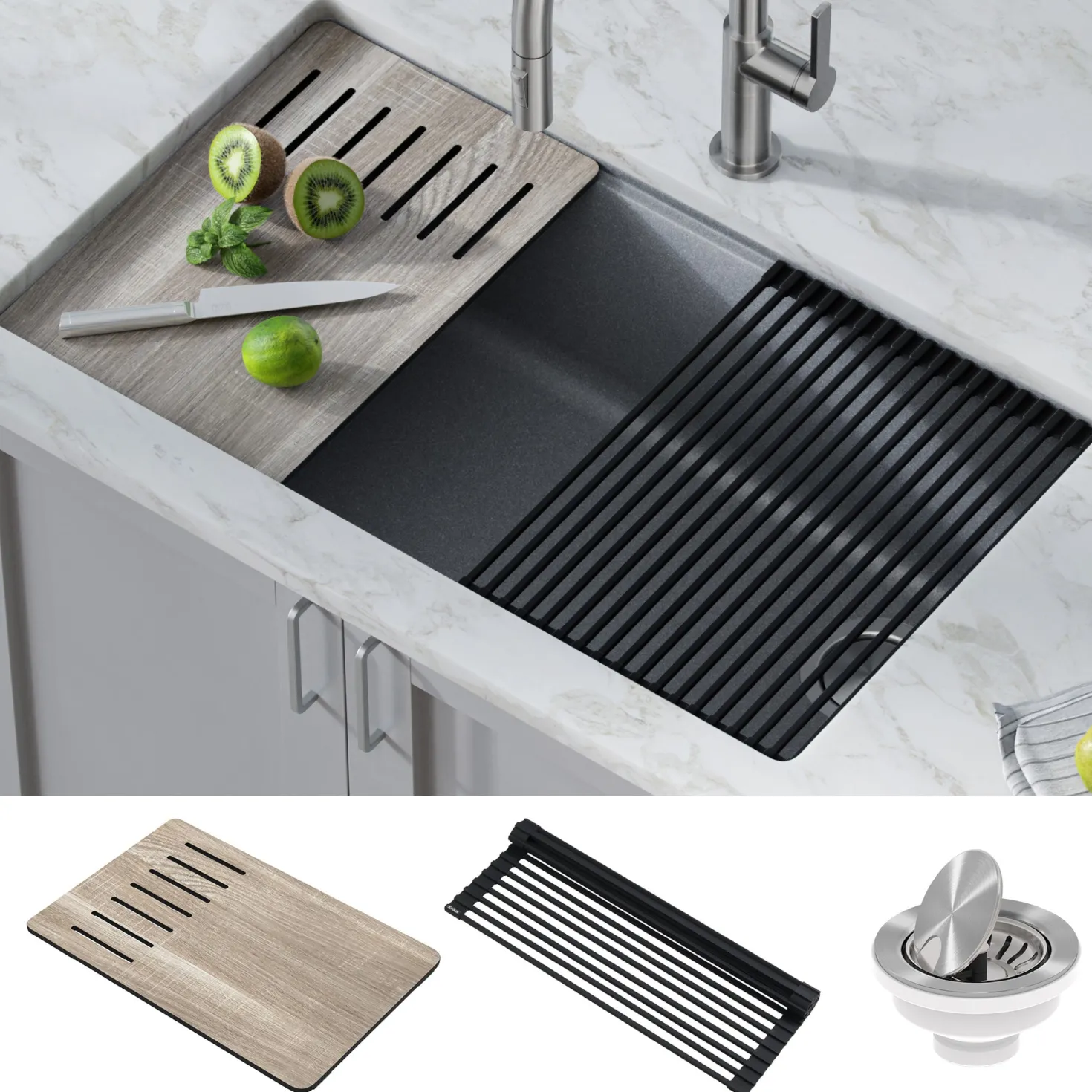 KRAUS Bellucci Workstation 33" Undermount Granite Composite Kitchen Sink in Metallic Gray with Accessories
