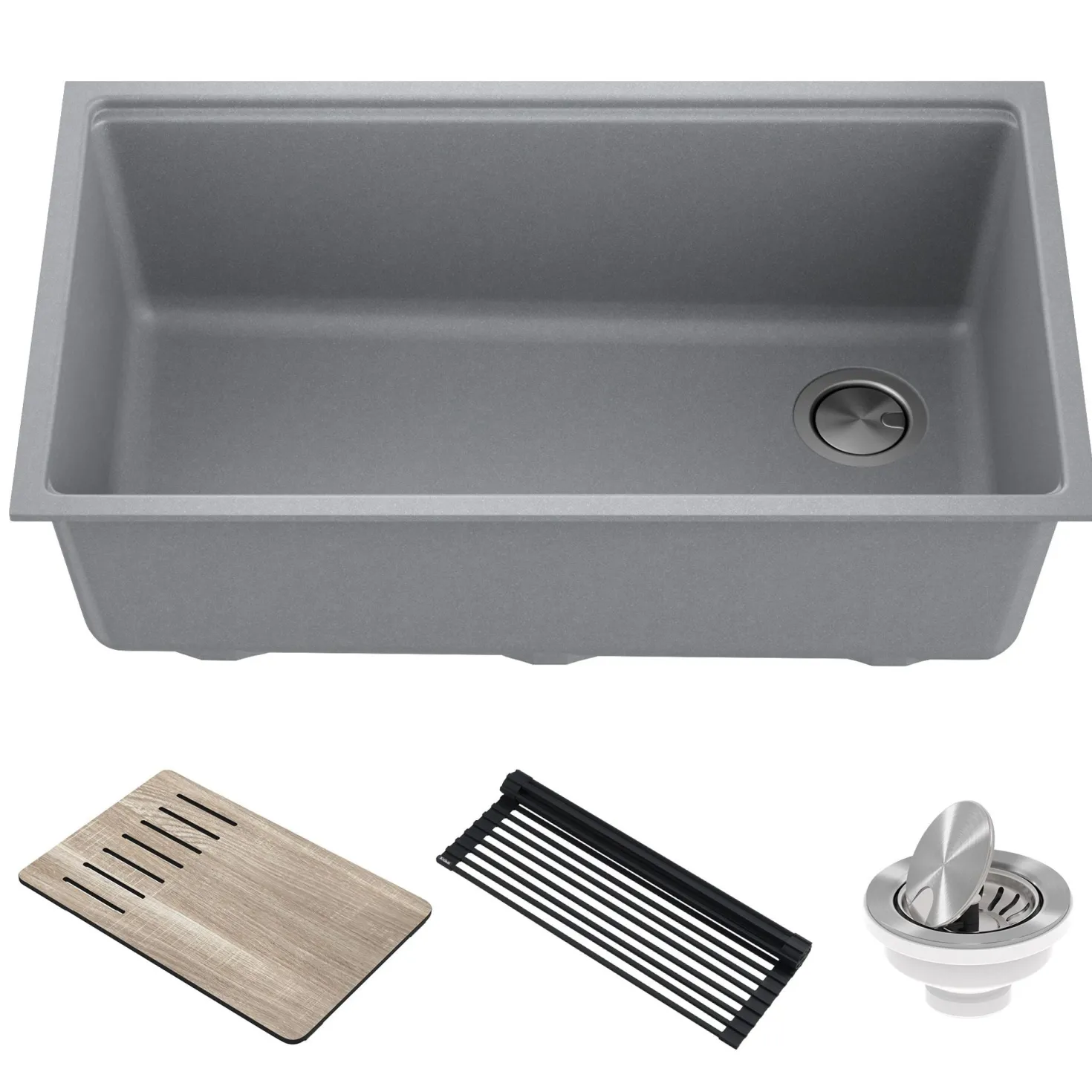 KRAUS Bellucci Workstation 33" Undermount Granite Composite Kitchen Sink in Metallic Gray with Accessories