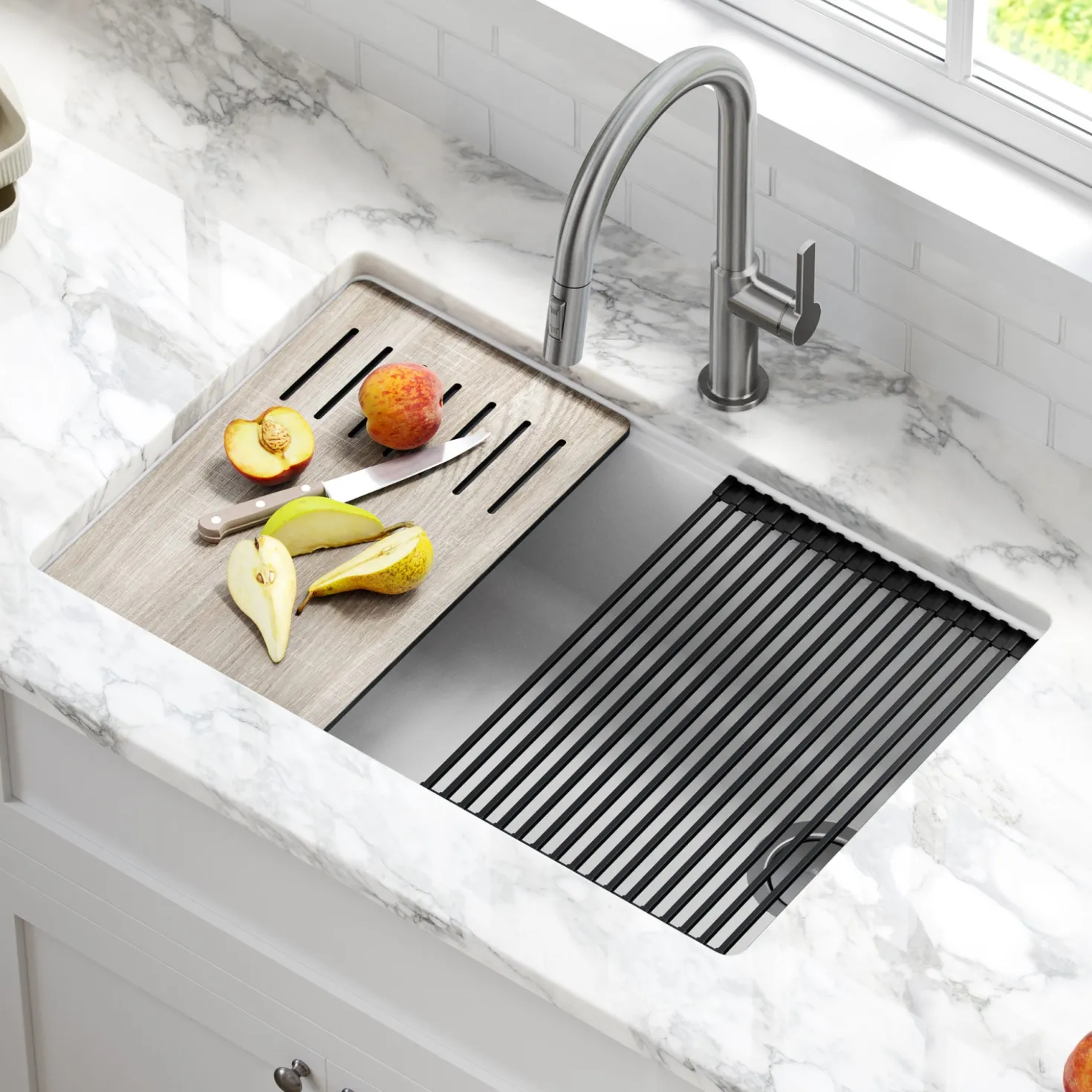KRAUS Bellucci Workstation 30" Undermount Granite Composite Single Bowl Kitchen Sink in White with Accessories