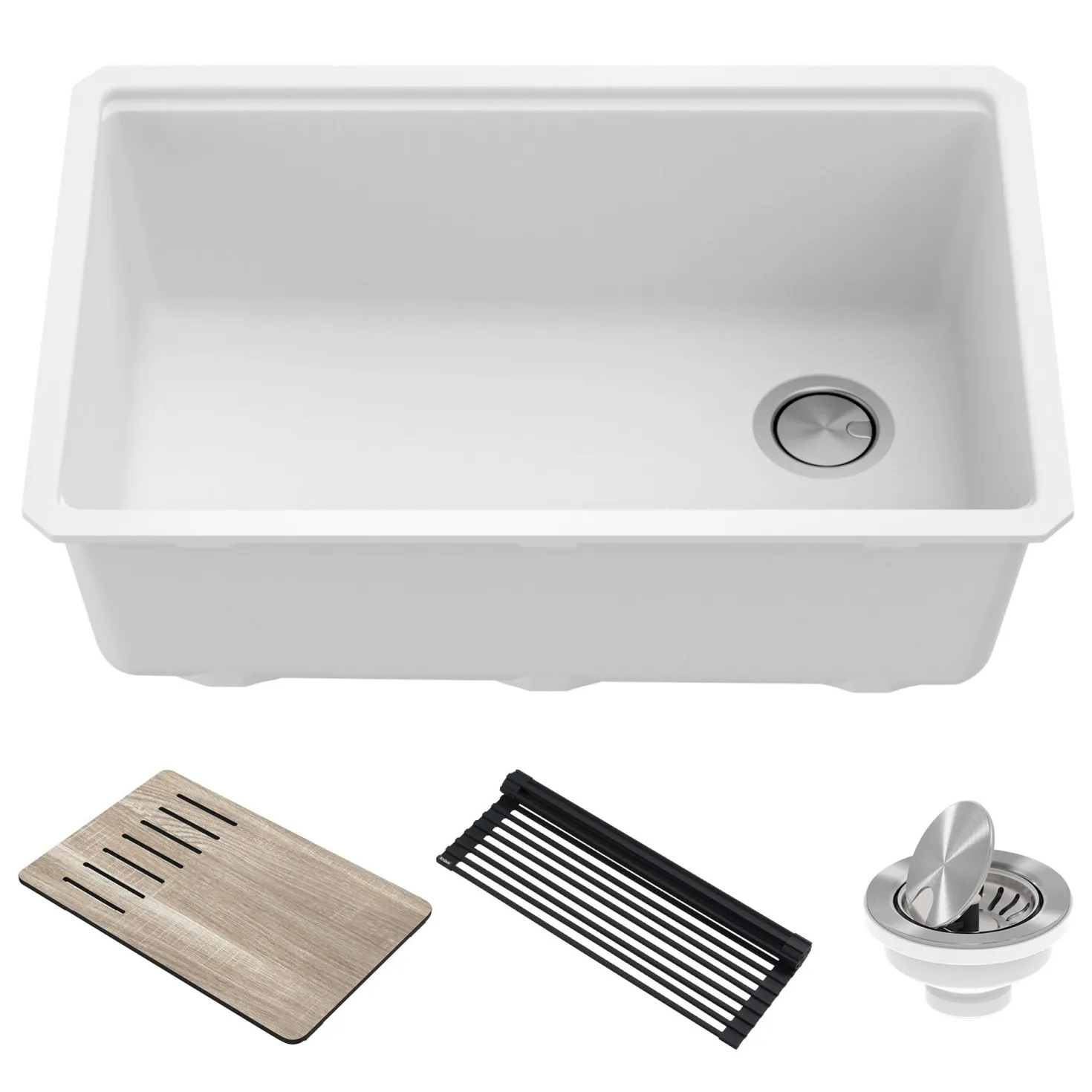 KRAUS Bellucci Workstation 30" Undermount Granite Composite Single Bowl Kitchen Sink in White with Accessories