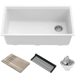 KRAUS Bellucci Workstation 33" Undermount Granite Composite Kitchen Sink in White with Accessories