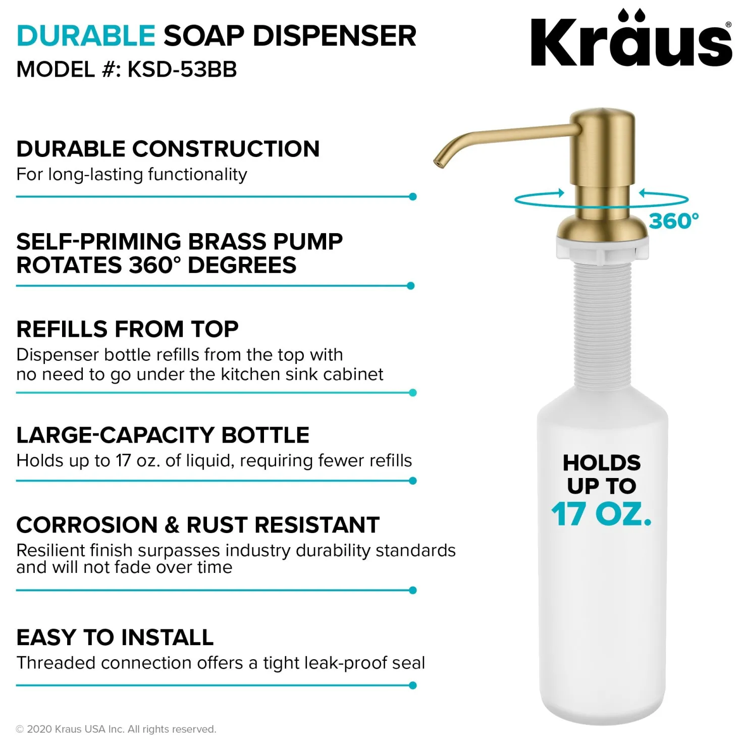 KRAUS Boden Kitchen Soap and Lotion Dispenser in Brushed Brass