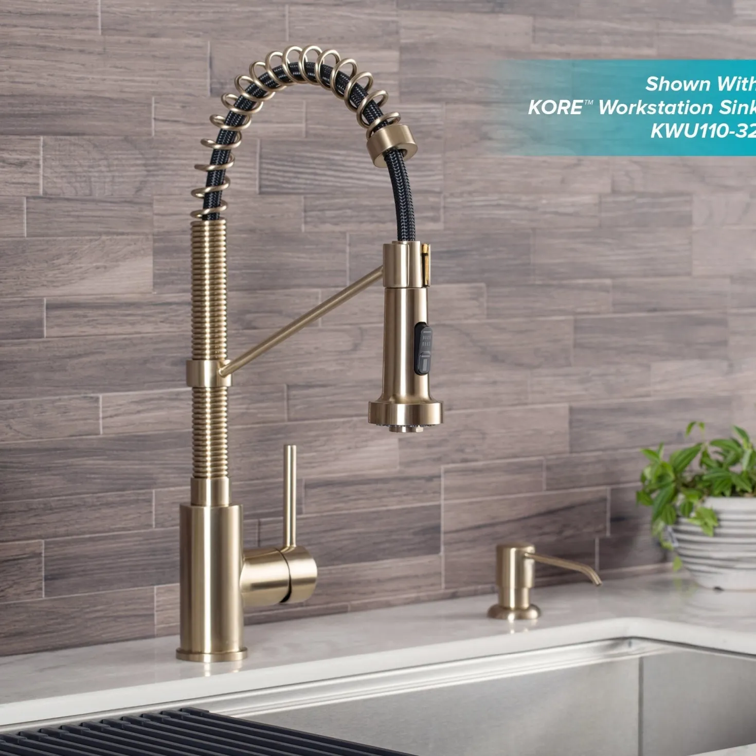 KRAUS Bolden Commercial Style Pull-Down Kitchen Faucet and Purita Water Filter Faucet Combo in Spot Free Antique Champagne Bronze